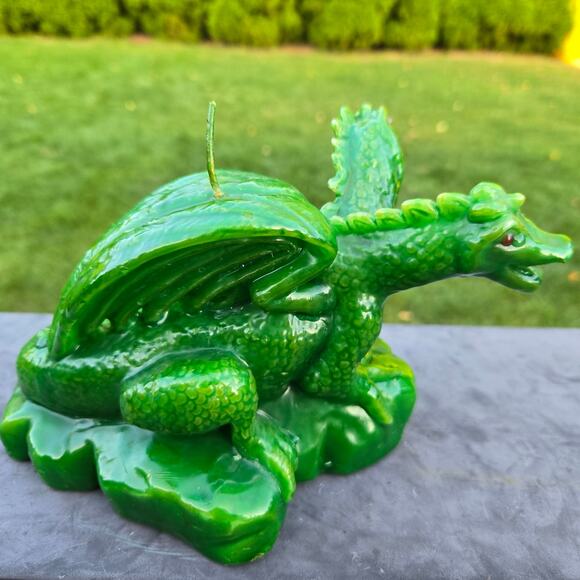 Mythical Candle Two Headed Green Dragon Red Eyes Holding Sphere Unburned *read* - Picture 2 of 15